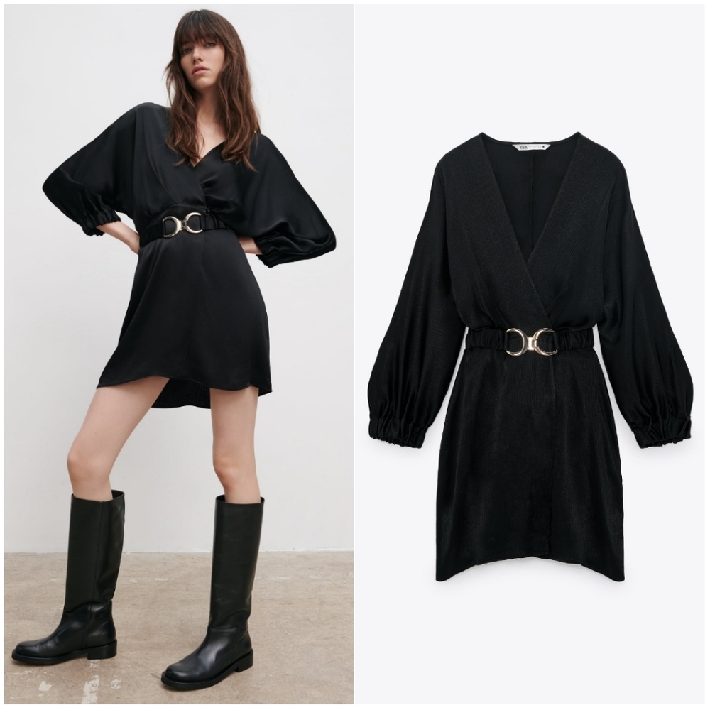 NWT ZARA | Belted Satin Effect Black Dress